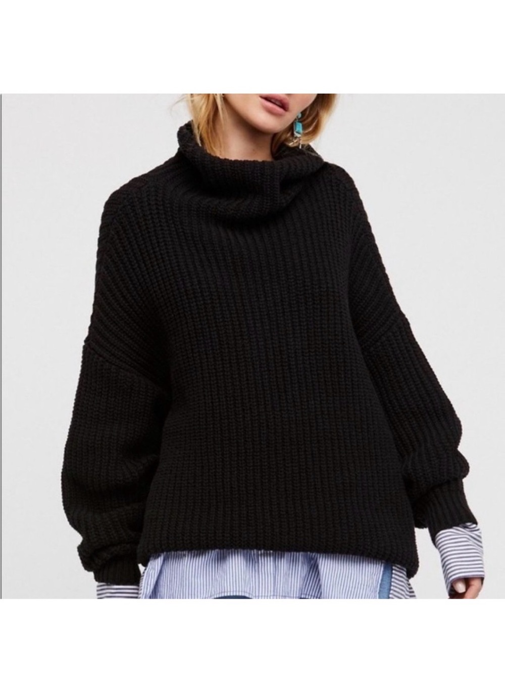 Free People Swim Too Deep Black Chunky Knitted Black Sweater Turtleneck XS